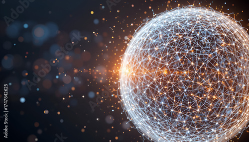 Abstract network sphere with glowing connections and bokeh lights on the left