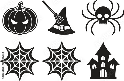 Halloween Icons Pumpkin Witch Hat Spider Web and Haunted House symbols jack-o-lantern