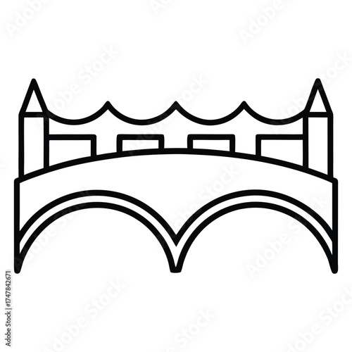 A black and white line art icon of a medieval-style bridge with two arches and turrets.