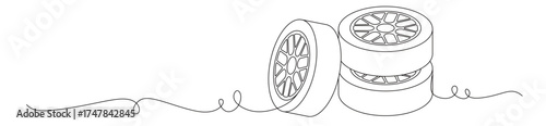 Line art of three stacked car tires and rims lined up with a transparent background. automotive enthusiast concept