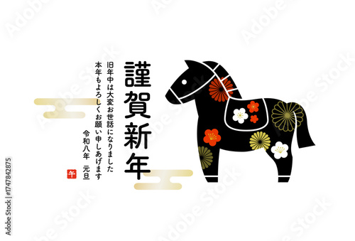 午年の年賀状テンプレート　馬イラストと伝統模様と賀詞