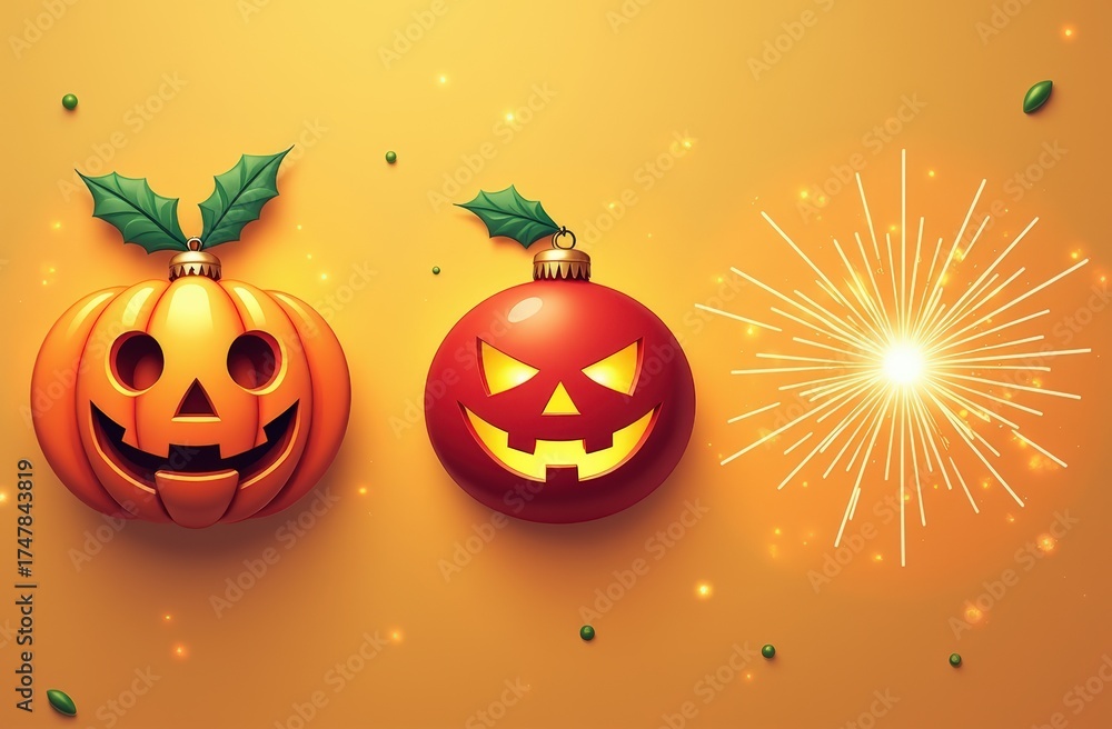 Naklejka premium Festive halloween ornaments with jack-o'-lanterns and sparkling fireworks on orange background