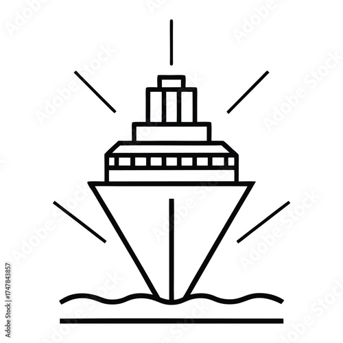Front view outline drawing of a modern cruise ship or passenger liner with radiating lines, sailing on water.