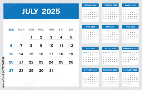 2025 Calendar Template with All Months and Highlighted July Page in Blue Theme