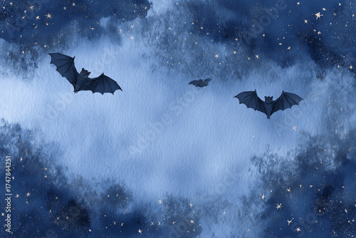 Midnight Bats Frame with watercolor bats flying across a starry night sky in deep navy tones creating a magical moody border for Halloween invitations or spooky seasonal designs