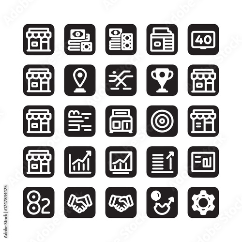 Modern collection of forty minimalist business, franchise, and retail store line icons. 