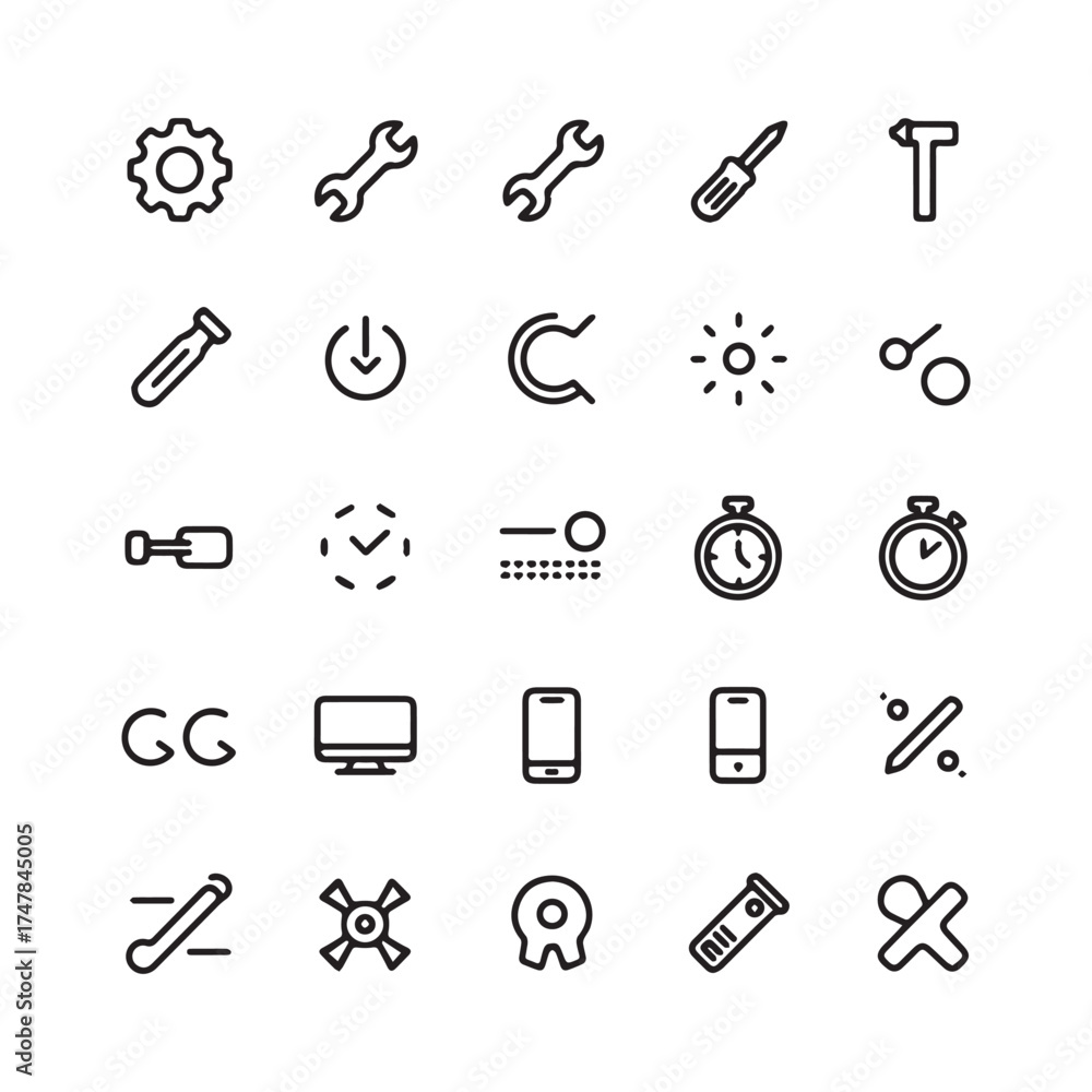 Obraz premium Modern collection of forty minimalist tools, settings, and maintenance thin line icons.