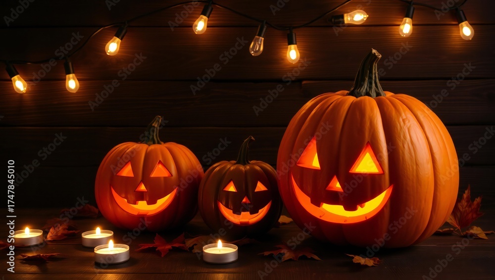 Fototapeta premium Jack o lanterns glowing with candles and twinkling lights for halloween
