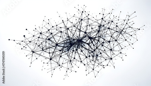 Complex network of interconnected nodes and lines forming abstract pattern isolated on white background