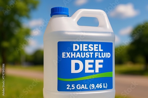 A clear plastic jug of diesel exhaust fluid labeled DEF with a blue cap sits outdoors against a blurred background of green trees and blue sky