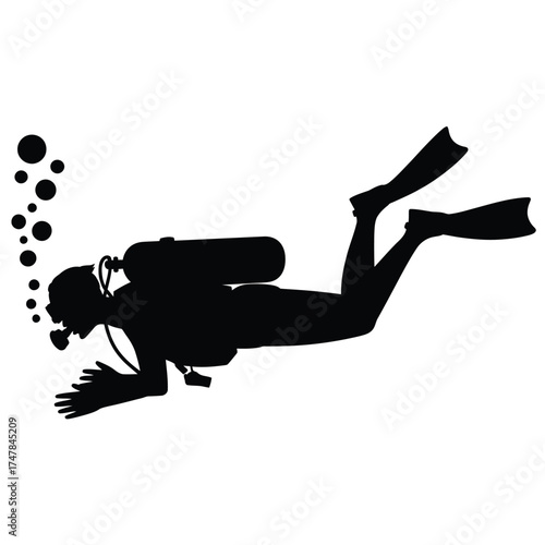 Silhouette of a scuba diver with bubbles
