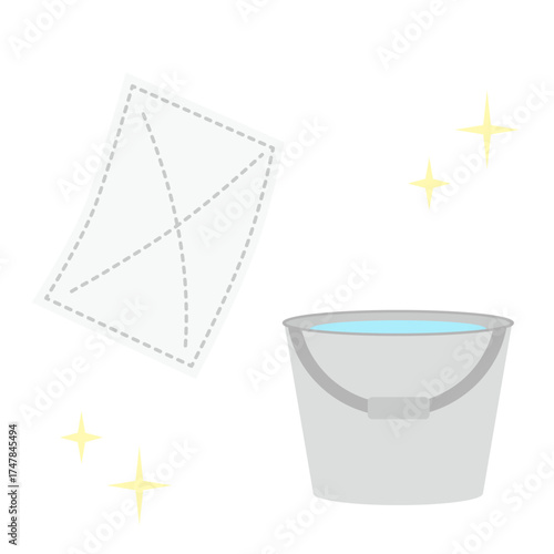 雑巾とバケツのシンプルなイラスト素材セット