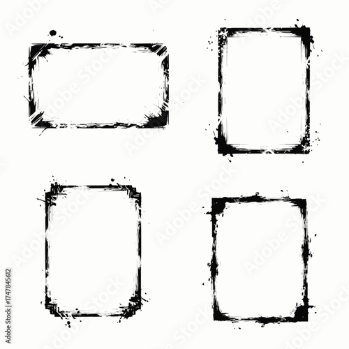 Grunge brush shape. Set of grunge border frames. Grunge frames for photo collage, stories and social network media. Texture black frame old brush square frame. Retro grunge texture with ink splash.