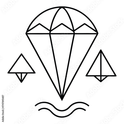 A minimalist line art illustration of a parachute descending towards wavy water, flanked by two small triangular shapes.