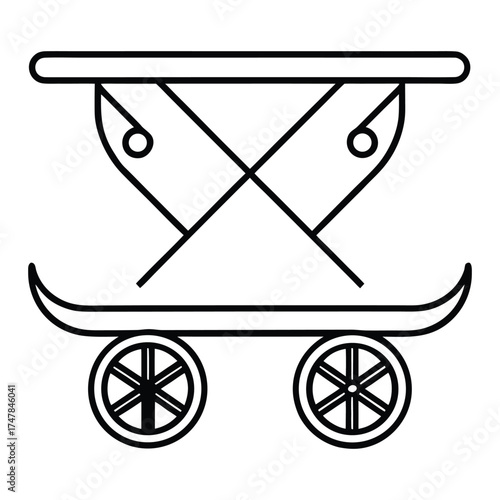 Black and white illustration of a stylized cart with wheels and a platform.