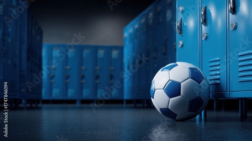 Soccer ball resting on the floor in a locker room with blue lockers in the
