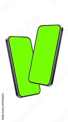 Two smartphones mockup animation with green chroma screens in side perspective angle. Ideal for app ui, ux, product design, digital marketing, social media stories, reels, shorts, and branding