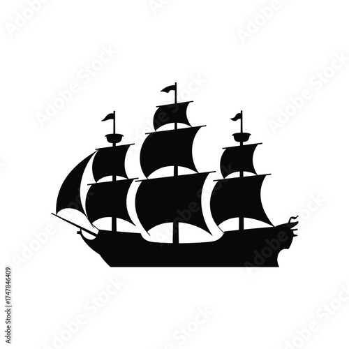 Silhouette of a majestic three masted sailing ship against a white background