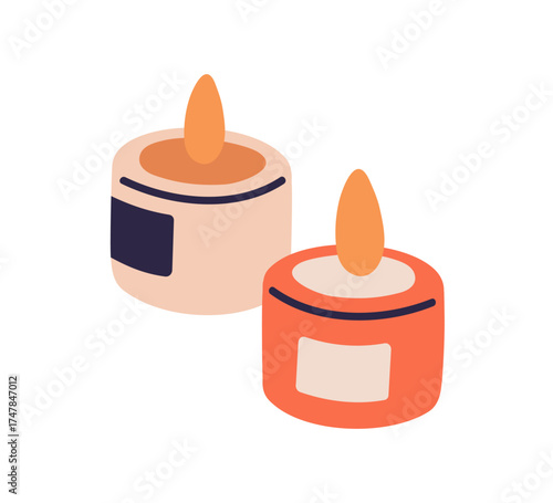Candle light decor. Burning fire flame, home candlelight decoration. Cozy festive decorative holders, romantic and spa accessory. Flat vector illustration isolated on white background