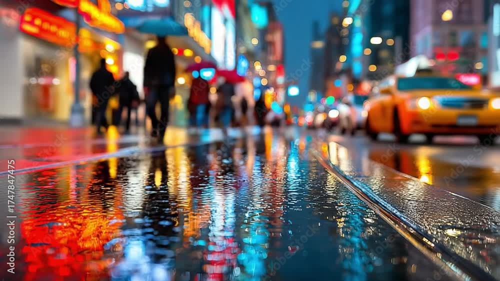 custom made wallpaper toronto digitalUrban Reflections: Illuminated storefronts reflect in the wet pavement of a bustling city street on a rainy night, painting a dynamic and vibrant scene, evoking a sense of urban life