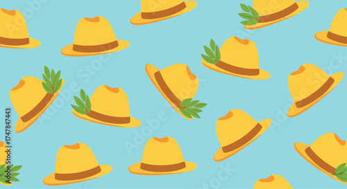 A repeating pattern of yellow hats with green leaves on a light blue background.