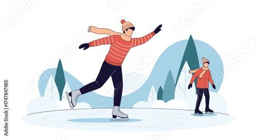 Outdoor winter ice skating fun with family and friends enjoying the snow.