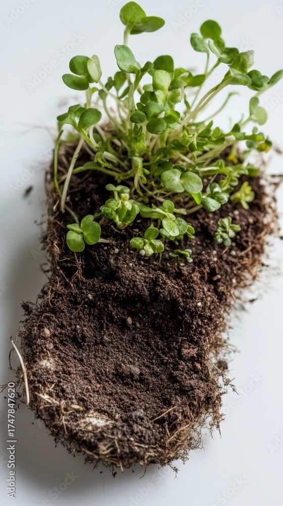 Fototapeta premium Fresh green plant in soil on white background highlighting growth and nature