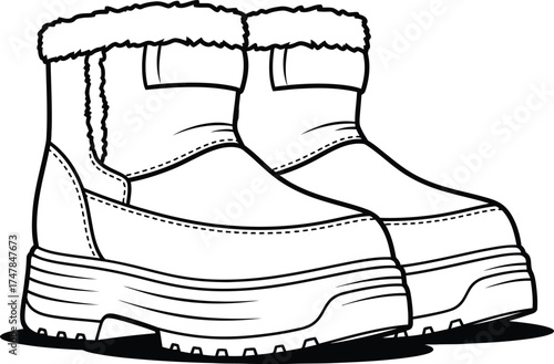 Pair of winter boots with fur lining vector illustration in outline style perfect for fashion and outdoor activity designs