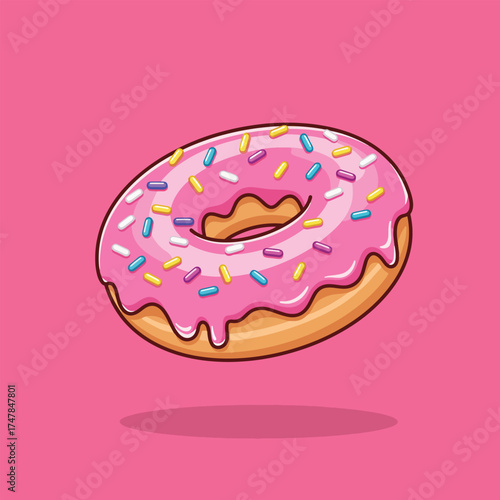 A delicious pink frosted donut with colorful sprinkles