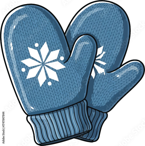 Pair of blue knitted mittens with snowflake design winter clothing accessory vector illustration isolated on white background