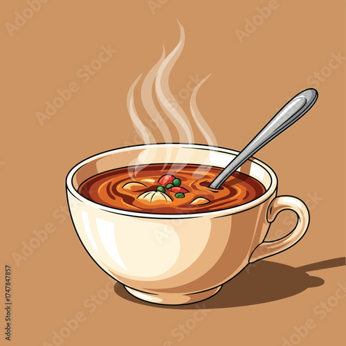 Bowl of hot soup with spoon vector illustration of a steaming meal perfect for food blogs and restaurant menus
