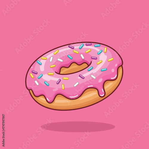 A delicious pink frosted donut with colorful sprinkles.