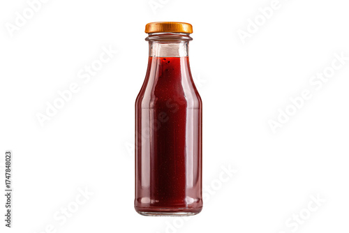 Glass bottle of fresh red berry juice isolated on white.
