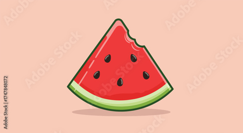 A juicy slice of ripe watermelon with black seeds and a bite mark.