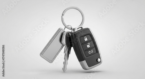 A set of car keys with a ring and rectangular tag is presented against a plain, neutral background