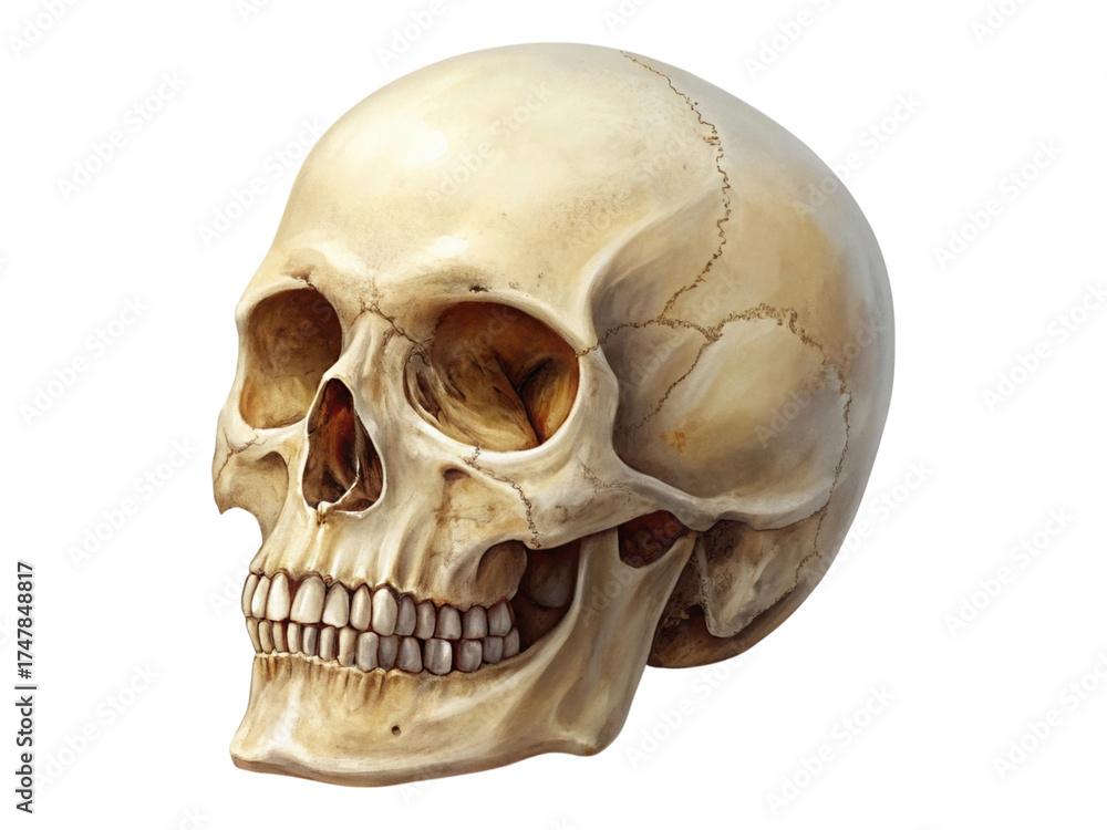 Fototapeta premium Human Skull Anatomical Study Isolated on Transparent Background for Medical and Educational Purposes