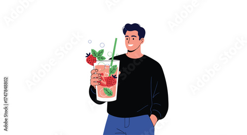 A man holding a refreshing strawberry and mint infused drink.