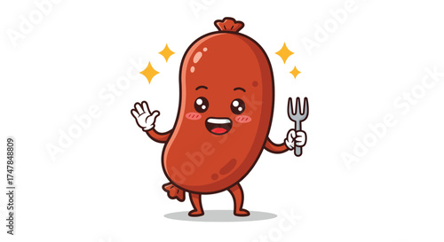 Adorable cartoon sausage character waving and holding a fork.