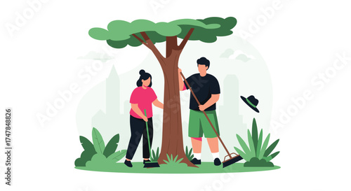 Couple planting a tree in the park for environmental protection.