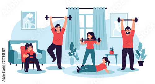 A family exercises together at home in their living room doing strength training.