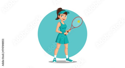 A young female tennis player is ready to serve on a blue circular background.