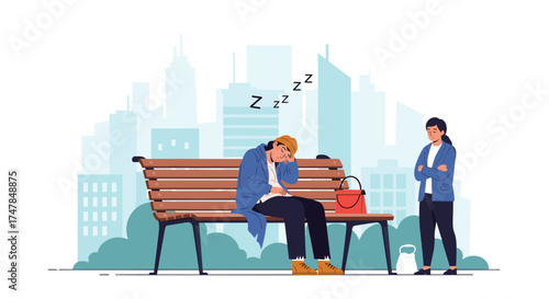 A man is sleeping on a bench while a woman is standing nearby.