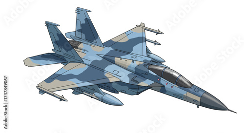 Camouflaged Fighter Jet with Missile Pods in Flight.