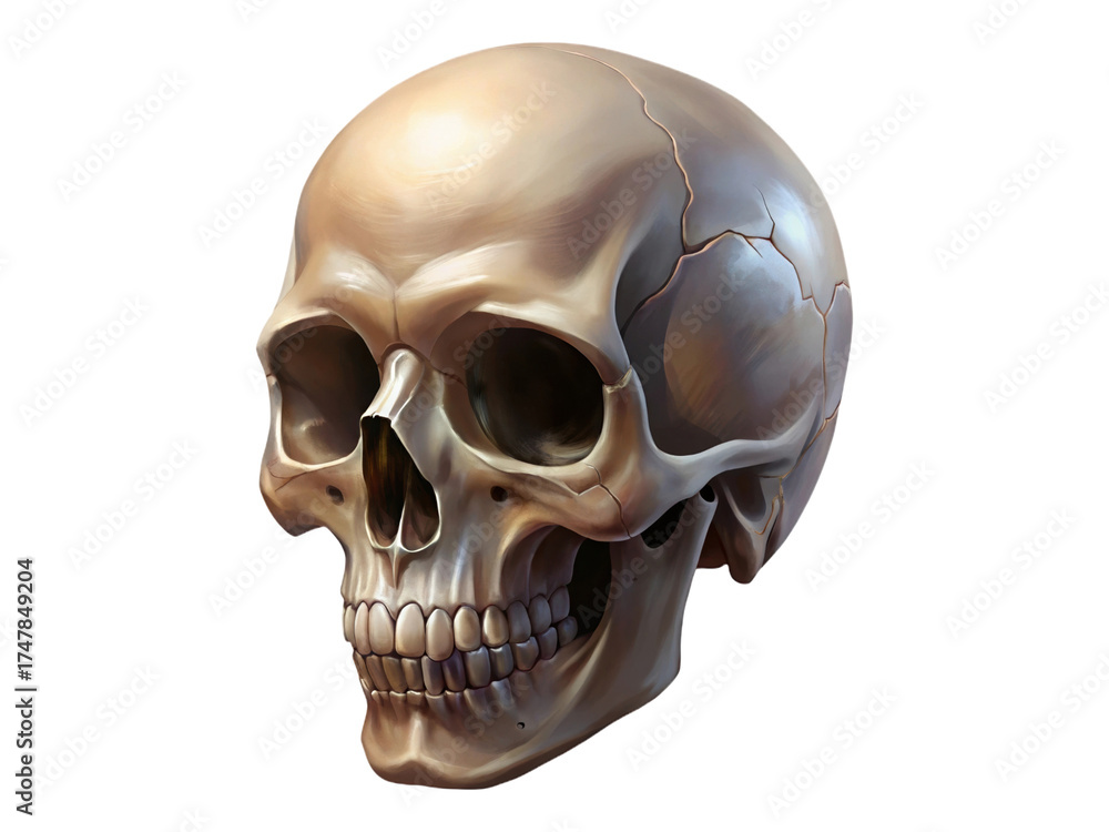 Fototapeta premium Realistic Human Skull Digital Painting Illustration Front Angled View Transparent Background