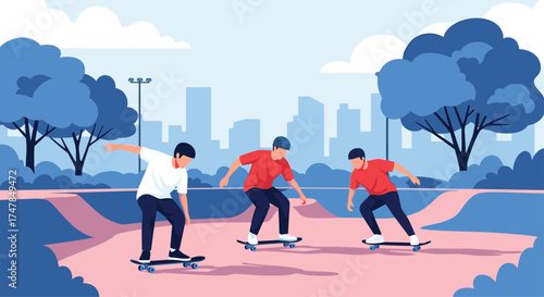 Three young people skateboarding in a park with a city skyline in the background.