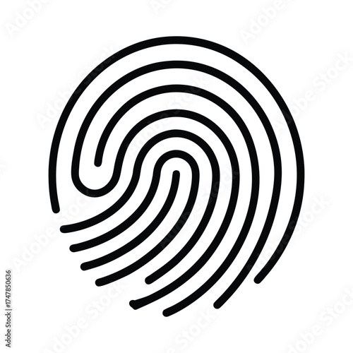 A stylized black and white graphic representation of a fingerprint, emphasizing its unique swirling patterns.