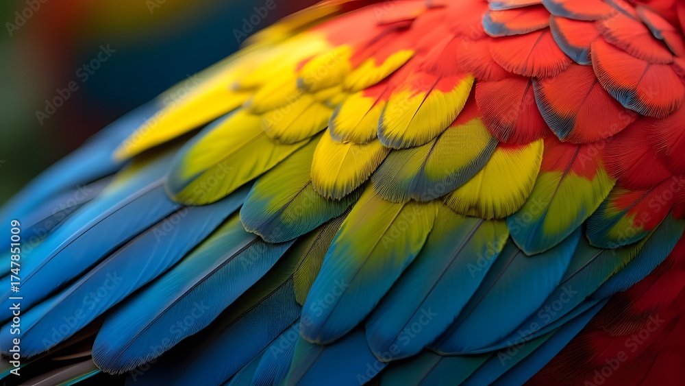 Fototapeta premium Vibrant Macaw Feathers Close Up Detailed Texture Background