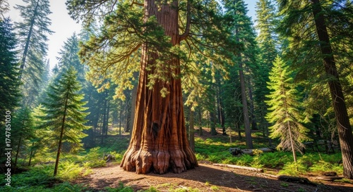 A colossal, ancient tree with reddish-brown bark dominating a sun-dappled forest of towering evergreens