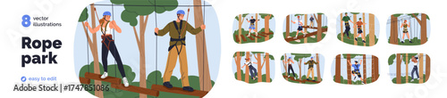 Rope park, zipline set. People climbing web at height, walking on aerial bridge. Outdoor summer activity among trees in nature, forest. Flat graphic vector illustrations isolated on white background