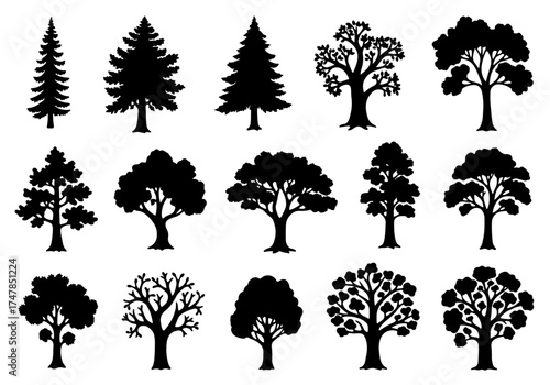 set of trees silhouettes